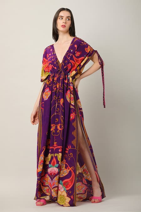 Buy_Limerick By Abirr N' Nanki_Multi Color Plunge Neck Lily Floral Print Kaftan _Online_at_Aza_Fashions