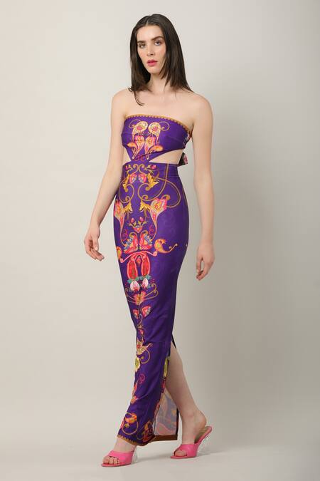 Shop_Limerick By Abirr N' Nanki_Multi Color Polyester, Spandex Square Neck Beam Placement Print Tube Dress _Online_at_Aza_Fashions