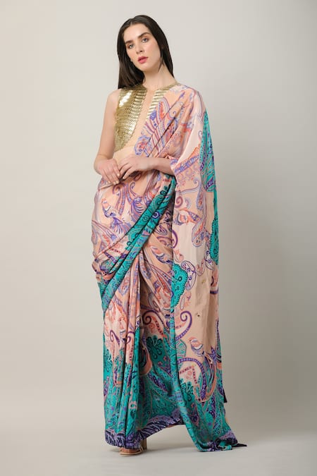 Shop_Limerick By Abirr N' Nanki_Gold Organza, Crepe Embroidery Cami Handcrafted Blouse _Online_at_Aza_Fashions