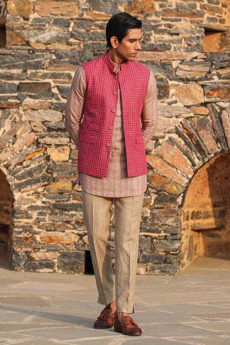 Raw & Rustic By Niti Bothra Red Linen Embroidery Bundi And Striped Kurta Set at Aza Fashions Raw & Rustic By Niti Bothra_Red Linen Embroidery Bundi And Striped Kurta Set _at_Aza_Fashions