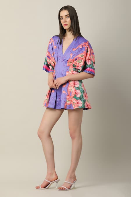 Limerick By Abirr N' Nanki_Multi Color Silk Beads V-neck Arden Draped Printed Playsuit _at_Aza_Fashions