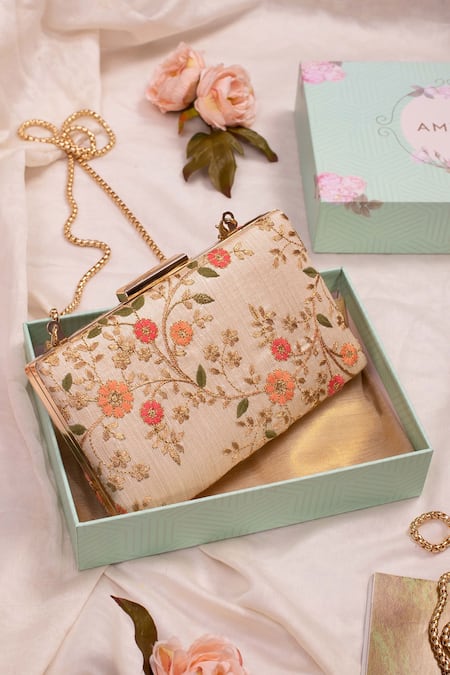 White Jaquard Cotton Floral Zip Top Clutch Purse Hand Embroidery