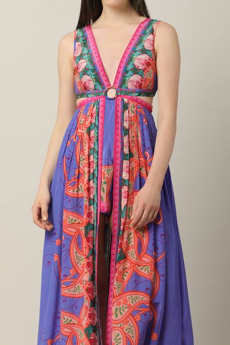 Shop Limerick By Abirr N' Nanki Multi Color Crepe V-neck Shaye Printed Playsuit Maxi Online at Aza Fashions Shop_Limerick By Abirr N' Nanki_Multi Color Crepe V-neck Shaye Printed Playsuit Maxi _Online_at_Aza_Fashions