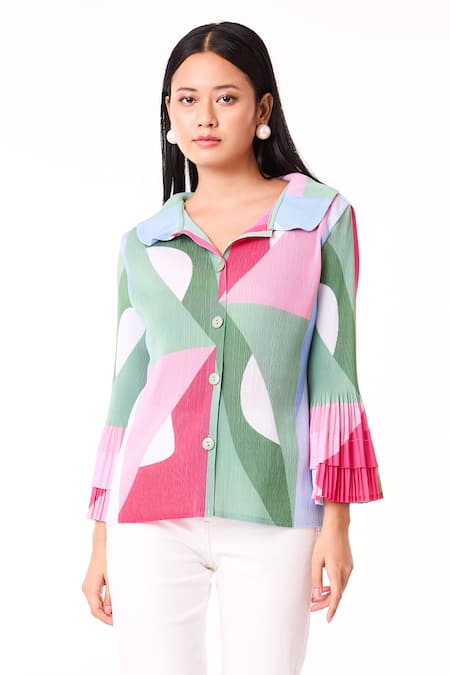 Scarlet Sage_Green Polyester Collared Maise Color Block Abstract Print Shirt_Online_at_Aza_Fashions