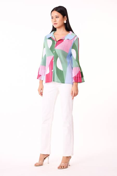 Buy_Scarlet Sage_Green Polyester Collared Maise Color Block Abstract Print Shirt_Online_at_Aza_Fashions