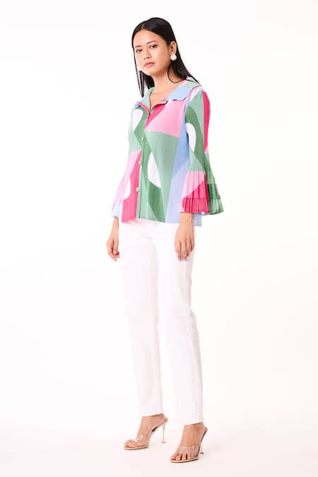 Shop_Scarlet Sage_Green Polyester Collared Maise Color Block Abstract Print Shirt_Online_at_Aza_Fashions