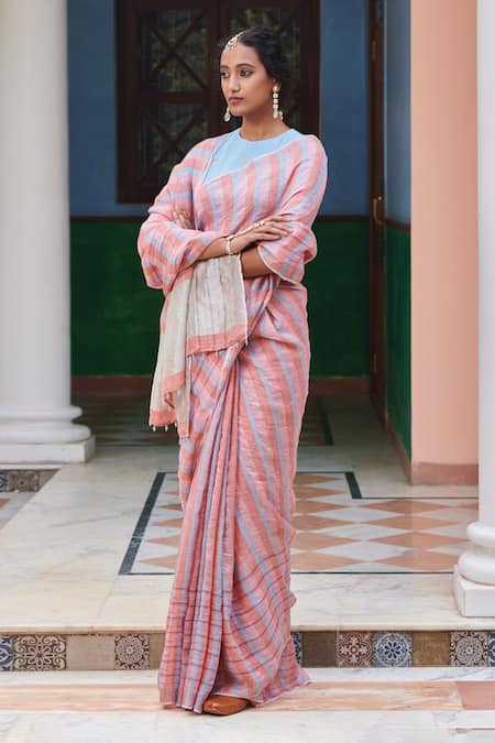 Buy Dressfolk Multi Color Linen Beads Mala Woven Stripe Pattern Saree With Running Blouse Online at Aza Fashions Buy_Dressfolk_Multi Color Linen Beads Mala Woven Stripe Pattern Saree With Running Blouse_Online_at_Aza_Fashions