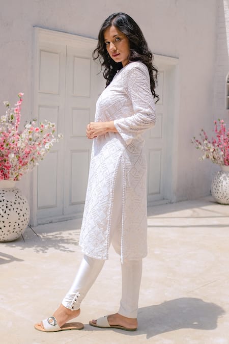 Shop_Monk & Mei By Sonia Anand_White Georgette, Silk Embroidery, Sequins, Chains Split Malak Kurta Pant Set _Online_at_Aza_Fashions