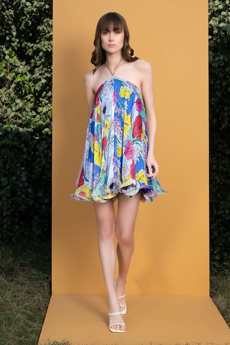 Buy Mandira Wirk Resort Blue Chiffon Hibiscus Print Halter Neck Dress Online at Aza Fashions Buy_Mandira Wirk Resort_Blue Chiffon Hibiscus Print Halter Neck Dress _Online_at_Aza_Fashions