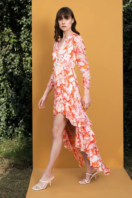 Mandira Wirk Resort Orange Chiffon Maple Leaves V Neck Print Wrap Dress at Aza Fashions Mandira Wirk Resort_Orange Chiffon Maple Leaves V Neck Print Wrap Dress _at_Aza_Fashions