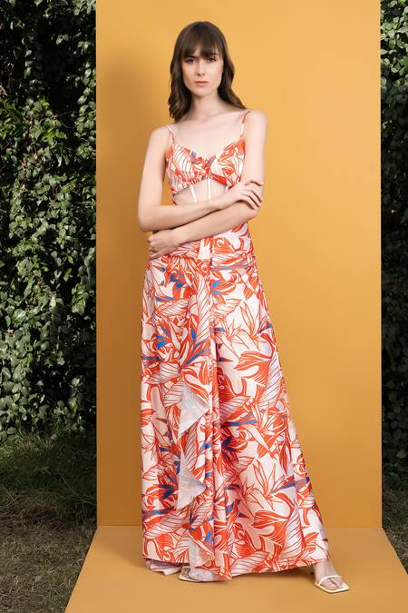 Buy Mandira Wirk Resort Orange Satin Willow Print Sweetheart Neck Strappy Dress Online at Aza Fashions Buy_Mandira Wirk Resort_Orange Satin Willow Print Sweetheart Neck Strappy Dress _Online_at_Aza_Fashions