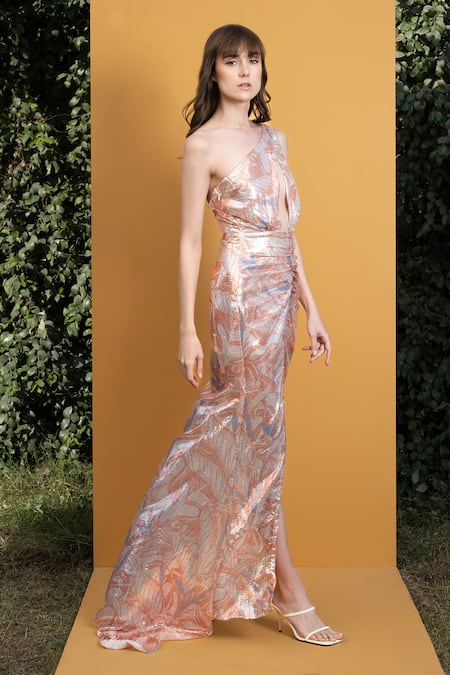Buy Mandira Wirk Resort Orange Georgette Willow Print And Sequin One Shoulder Embroidered Gown Online at Aza Fashions Buy_Mandira Wirk Resort_Orange Georgette Willow Print And Sequin One Shoulder Embroidered Gown _Online_at_Aza_Fashions