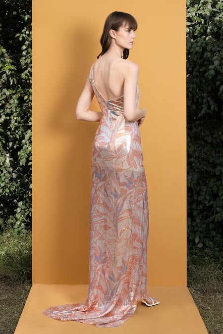 Shop Mandira Wirk Resort Orange Georgette Willow Print And Sequin One Shoulder Embroidered Gown Online at Aza Fashions Shop_Mandira Wirk Resort_Orange Georgette Willow Print And Sequin One Shoulder Embroidered Gown _Online_at_Aza_Fashions