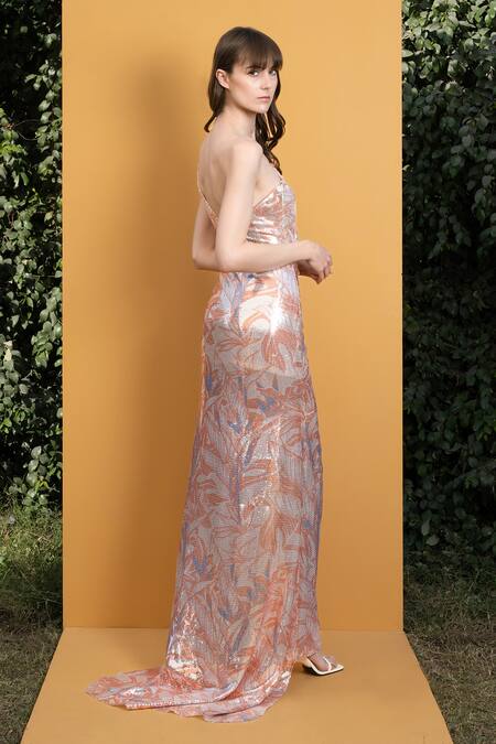 Mandira Wirk Resort Orange Georgette Willow Print And Sequin One Shoulder Embroidered Gown at Aza Fashions Mandira Wirk Resort_Orange Georgette Willow Print And Sequin One Shoulder Embroidered Gown _at_Aza_Fashions
