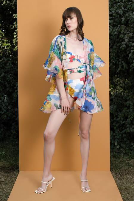 Mandira Wirk Resort Blue Spandex And Organza Hibiscus Sweetheart Neck  Strapless Bodysuit With Cover Up