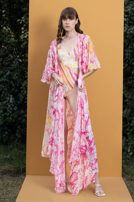 Mandira Wirk_Pink Spandex And Chiffon Orchid & Daisy Print V Cutout Bodysuit With Long Cape_Online_at_Aza_Fashions