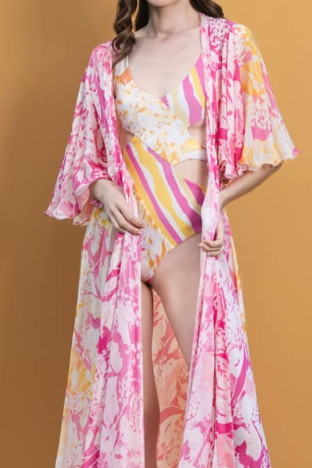 Buy_Mandira Wirk_Pink Spandex And Chiffon Orchid & Daisy Print V Cutout Bodysuit With Long Cape