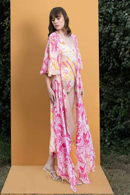 Shop_Mandira Wirk_Pink Spandex And Chiffon Orchid & Daisy Print V Cutout Bodysuit With Long Cape_Online_at_Aza_Fashions