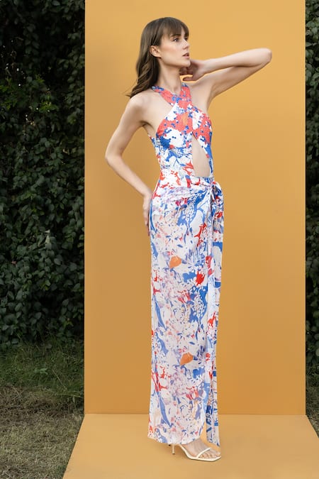 Buy Mandira Wirk Resort Blue Spandex And Chiffon Mist Print Halter Neck Bodysuit With Sarong Online at Aza Fashions Buy_Mandira Wirk Resort_Blue Spandex And Chiffon Mist Print Halter Neck Bodysuit With Sarong _Online_at_Aza_Fashions