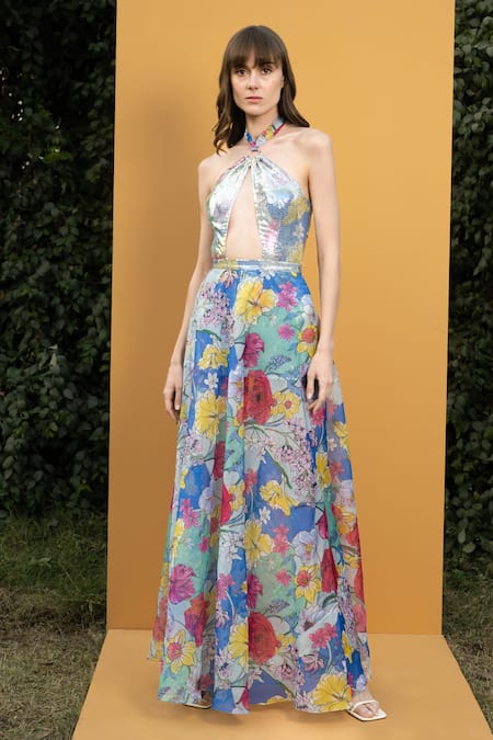 Mandira Wirk_Green Georgette And Organza Hibiscus Print & Sequin Halter Neck Gown_Online_at_Aza_Fashions