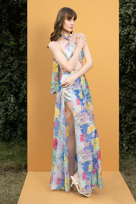 Buy_Mandira Wirk_Green Georgette And Organza Hibiscus Print & Sequin Halter Neck Gown_Online_at_Aza_Fashions