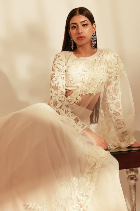 Premya By Manishii_Ivory Tulle, Georgette Embroidery, Sequins Round Neck Lotus Blouse Lehenga Set _Online_at_Aza_Fashions