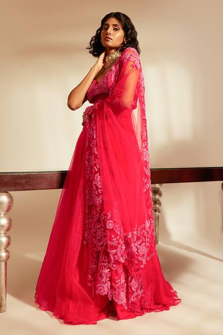 Premya By Manishii_Fuchsia Georgette Sequins, Beads V-neck Strappy Blouse Lehenga Set _at_Aza_Fashions