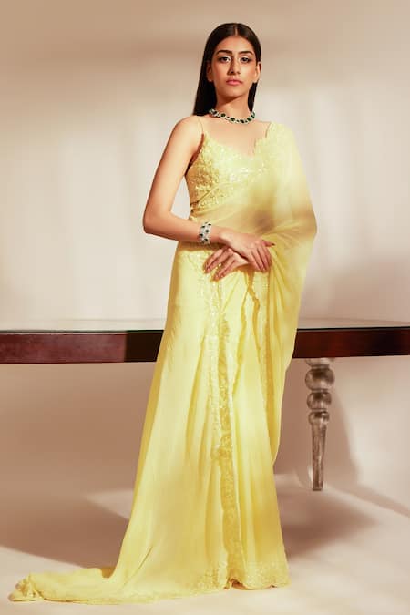 Buy_Premya By Manishii_Yellow Tulle, Georgette Embroidery, Sequins Asymmetric Border Saree With Blouse _Online_at_Aza_Fashions