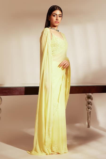 Shop_Premya By Manishii_Yellow Tulle, Georgette Embroidery, Sequins Asymmetric Border Saree With Blouse _Online_at_Aza_Fashions