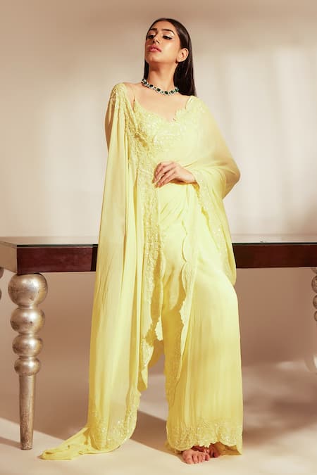 Premya By Manishii_Yellow Tulle, Georgette Embroidery, Sequins Asymmetric Border Saree With Blouse _at_Aza_Fashions