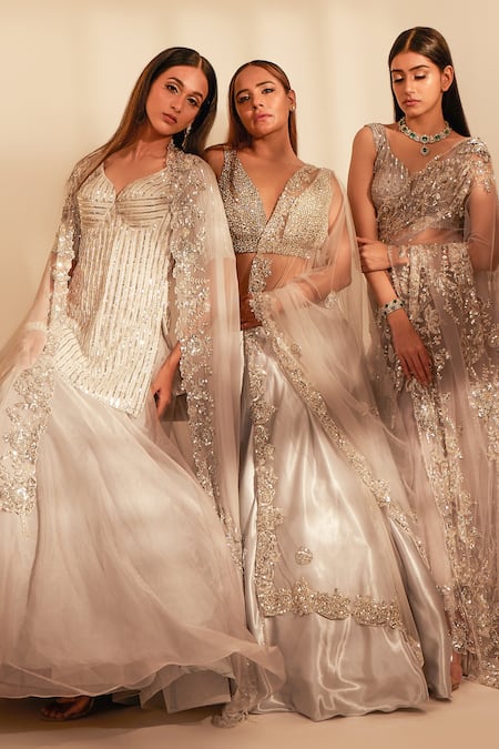 Premya By Manishii_Silver Organza, Tulle Sequins, Embroidery Stripe Kurta Skirt Set _Online_at_Aza_Fashions