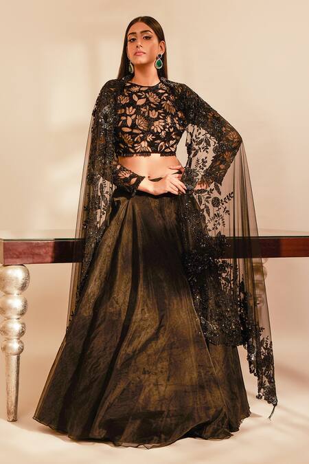 Premya By Manishii_Black Organza, Tulle Crystals, Sequins, Floral Embroidered Blouse Lehenga Set _at_Aza_Fashions