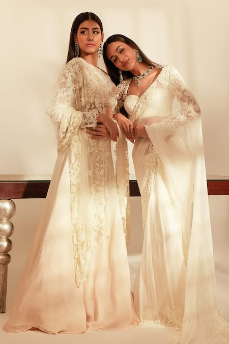 Buy_Premya By Manishii_Ivory Tulle, Georgette Embroidery, Sequins Round Neck Lotus Blouse Lehenga Set _Online_at_Aza_Fashions