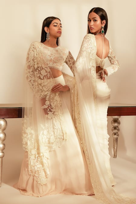 Shop_Premya By Manishii_Ivory Tulle, Georgette Embroidery, Sequins Round Neck Lotus Blouse Lehenga Set _Online_at_Aza_Fashions