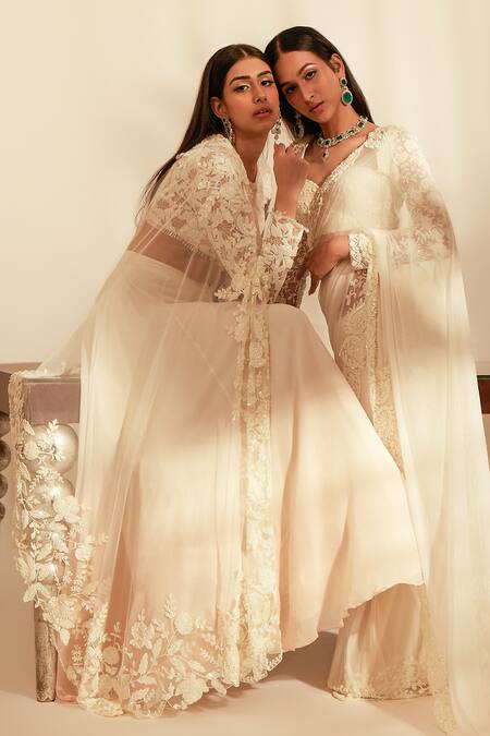 Premya By Manishii_Ivory Tulle, Georgette Embroidery, Sequins Round Neck Lotus Blouse Lehenga Set _at_Aza_Fashions