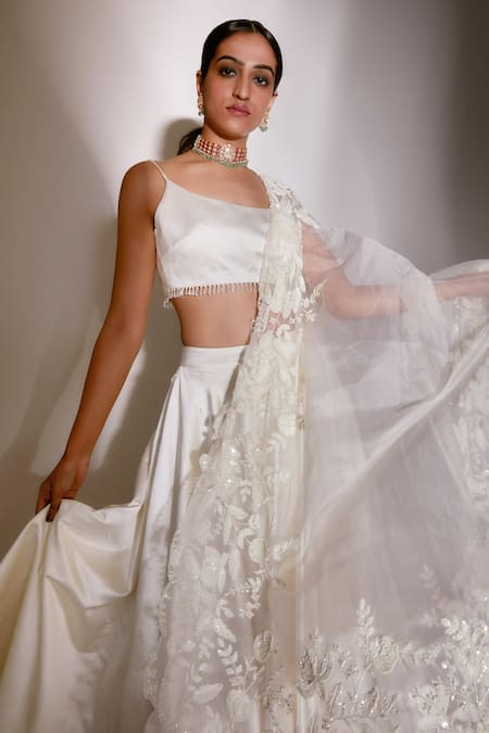 Premya By Manishii_Ivory Organza, Satin Sequins, Embroidery Round Neck Lehenga Set With Dupatta _Online_at_Aza_Fashions