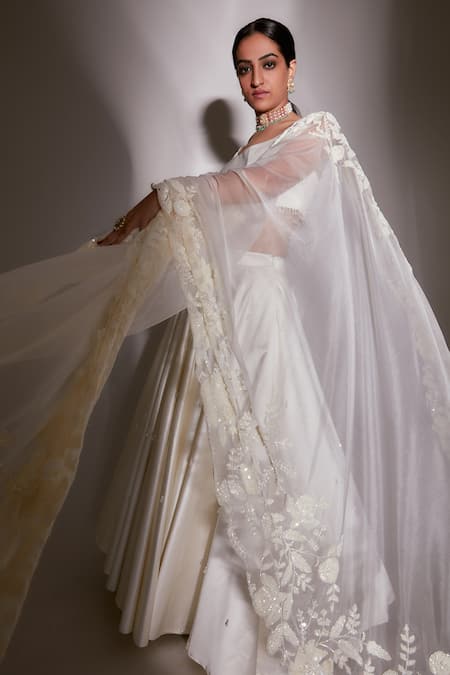 Buy_Premya By Manishii_Ivory Organza, Satin Sequins, Embroidery Round Neck Lehenga Set With Dupatta _Online_at_Aza_Fashions