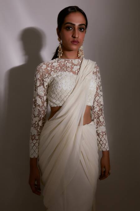 Premya By Manishii_Ivory Georgette, Tulle Sequins Round Pre-draped Saree With Embroidered Blouse _Online_at_Aza_Fashions