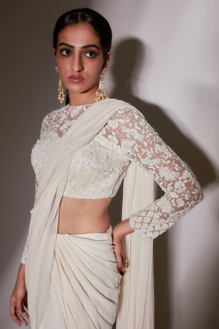Buy_Premya By Manishii_Ivory Georgette, Tulle Sequins Round Pre-draped Saree With Embroidered Blouse _Online_at_Aza_Fashions