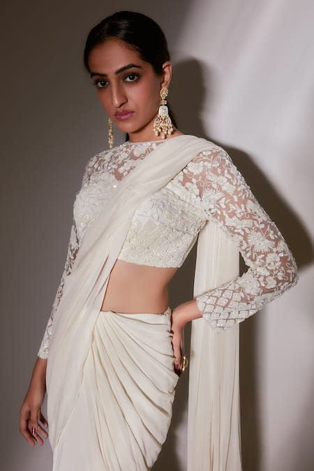 Shop_Premya By Manishii_Ivory Georgette, Tulle Sequins Round Pre-draped Saree With Embroidered Blouse _Online_at_Aza_Fashions