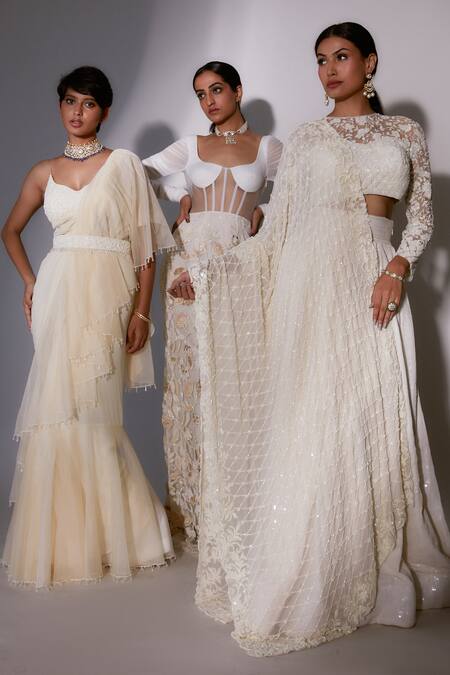 Premya By Manishii Off White Georgette, Tulle Embroidery, Sequins High Garden Blouse Skirt Set Online at Aza Fashions Premya By Manishii_Off White Georgette, Tulle Embroidery, Sequins High Garden Blouse Skirt Set _Online_at_Aza_Fashions