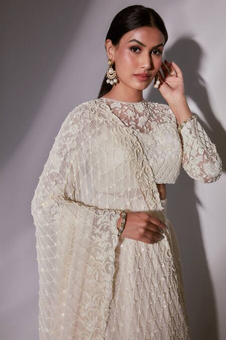 Shop Premya By Manishii Off White Georgette, Tulle Embroidery, Sequins High Garden Blouse Skirt Set Online at Aza Fashions Shop_Premya By Manishii_Off White Georgette, Tulle Embroidery, Sequins High Garden Blouse Skirt Set _Online_at_Aza_Fashions