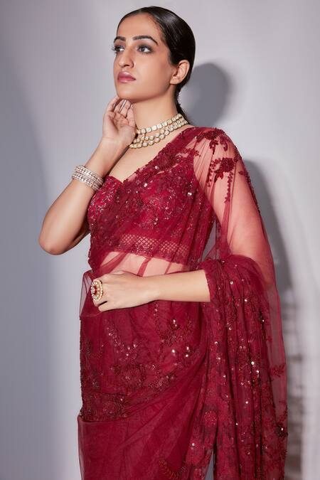 Premya By Manishii Maroon Tulle Sequins, Embroidery Asymmetric Floristry Saree With Blouse Online at Aza Fashions Premya By Manishii_Maroon Tulle Sequins, Embroidery Asymmetric Floristry Saree With Blouse _Online_at_Aza_Fashions