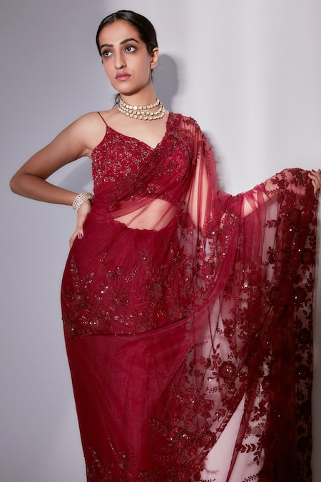 Buy Premya By Manishii Maroon Tulle Sequins, Embroidery Asymmetric Floristry Saree With Blouse Online at Aza Fashions Buy_Premya By Manishii_Maroon Tulle Sequins, Embroidery Asymmetric Floristry Saree With Blouse _Online_at_Aza_Fashions