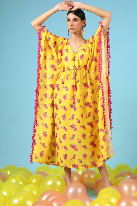 Buy_Marche_Yellow Floral Print Cotton Silk Kaftan _Online_at_Aza_Fashions