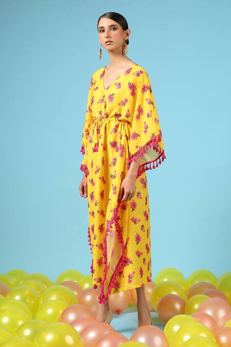 Shop_Marche_Yellow Floral Print Cotton Silk Kaftan _Online_at_Aza_Fashions