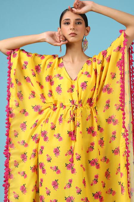 Marche_Yellow Floral Print Cotton Silk Kaftan _at_Aza_Fashions