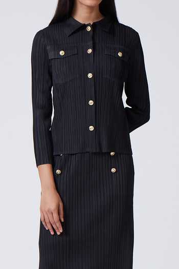 Scarlet Sage_Black 100% Polyester Spread Collar Marilyn Pleated Shirt And Midi Skirt Set_Online_at_Aza_Fashions