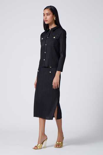 Buy_Scarlet Sage_Black 100% Polyester Spread Collar Marilyn Pleated Shirt And Midi Skirt Set_Online_at_Aza_Fashions