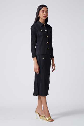 Shop_Scarlet Sage_Black 100% Polyester Spread Collar Marilyn Pleated Shirt And Midi Skirt Set_Online_at_Aza_Fashions